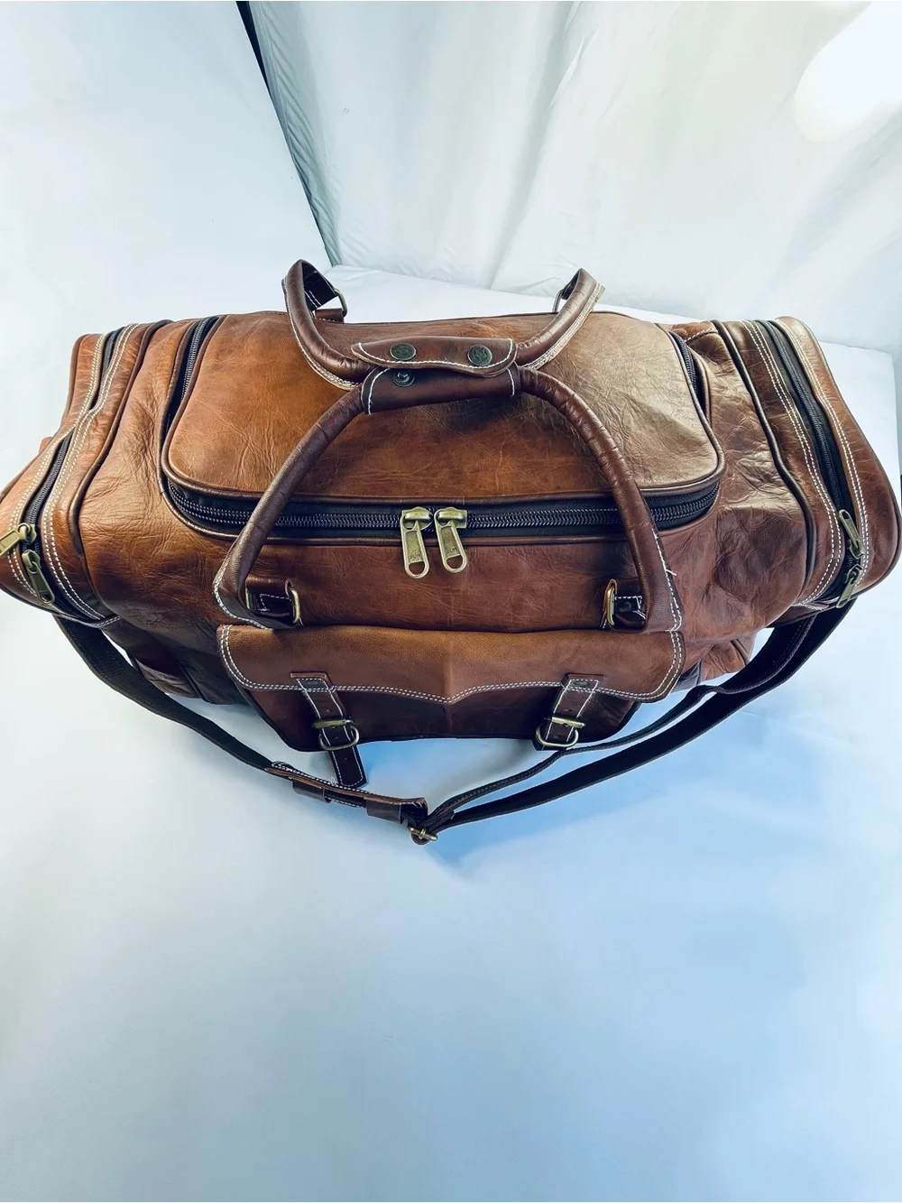 Classic Genuine Brown Leather Traveler Weekender Duffel Bag (Hand Made)
